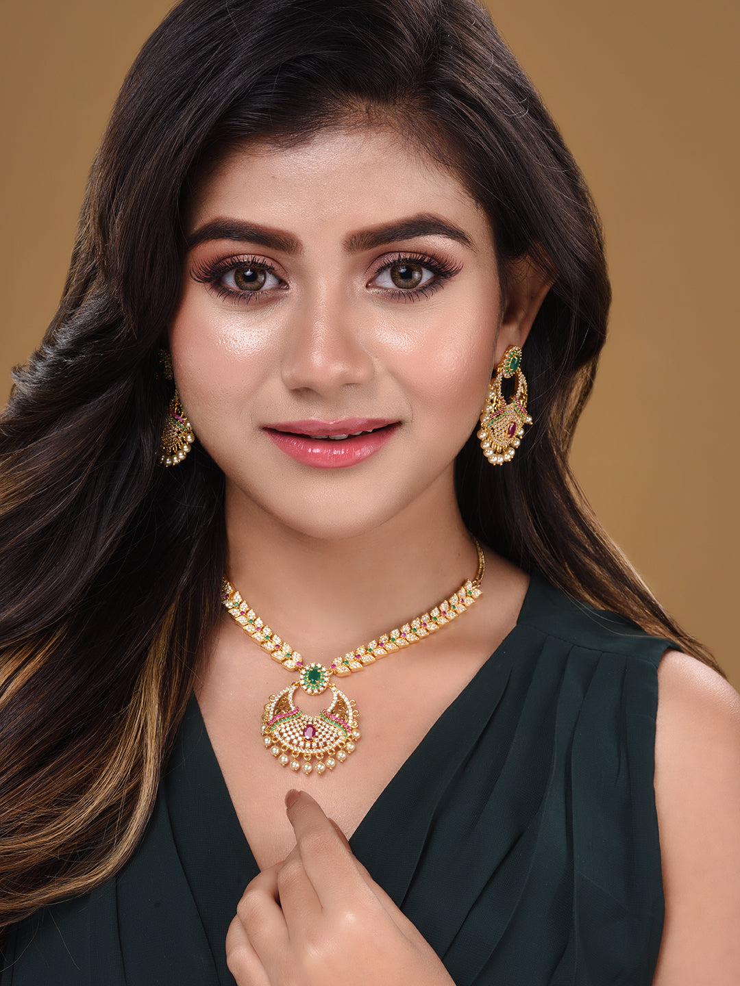 Gold Plated Multi AD & Pearl studded traditional Pandant Earrings Set